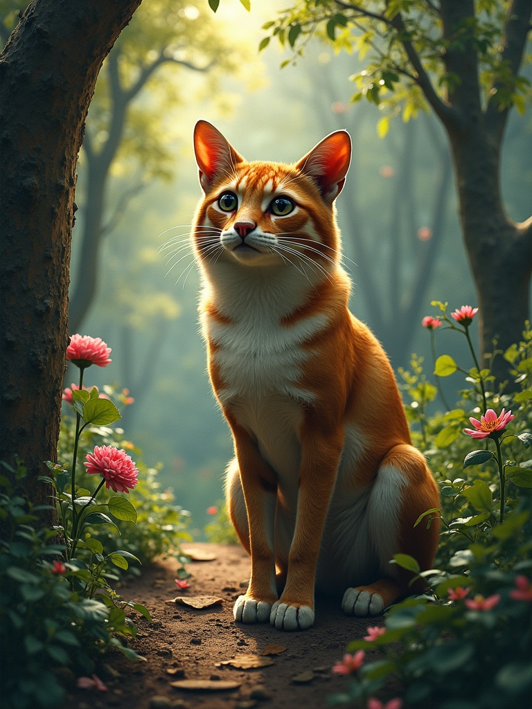 A cat sitting in a lush green forest surrounded by flowers. The setting is peaceful and enchanting. The cat looks curious and attentive. The light is soft and warm, creating a magical atmosphere.