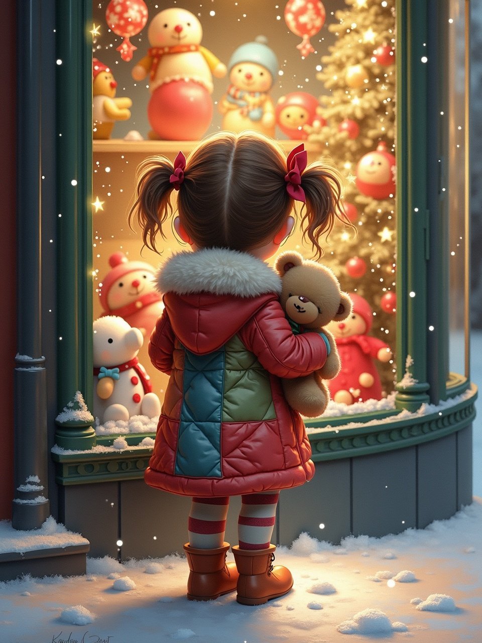 Create a watercolor painting of a cute girl with light brown messy hair in pigtails. She is snuggling a teddy bear and wearing a Christmas bow. Her coat is a patchwork quilt style. The scene shows her in front of a toy store window, admiring the toys inside. The atmosphere is a warm glow of Christmas, with a snowy background.