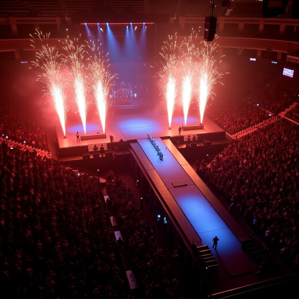 Aerial view of a concert stage with pyrotechnics at Madison Square Garden. Stage features t-shaped runway and large crowd. Fireworks erupting from sides.