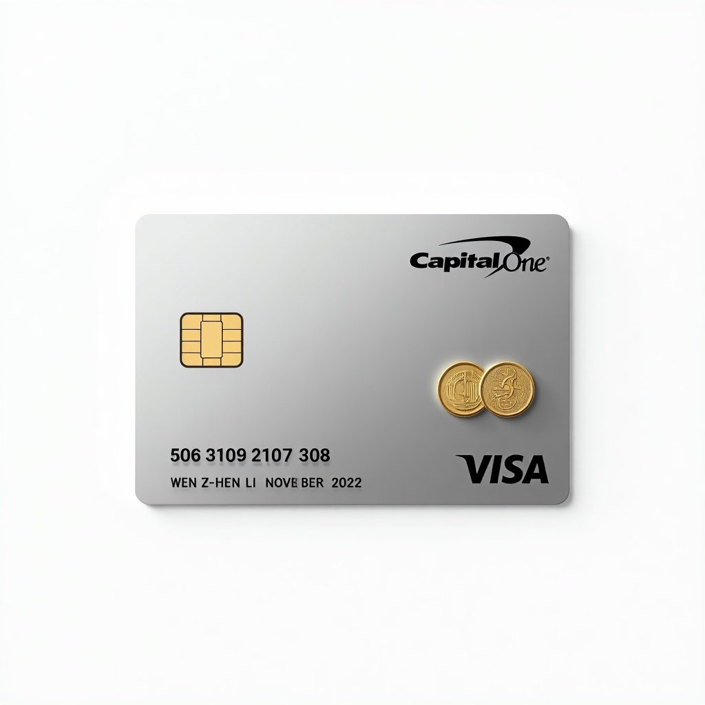 Image features minimalist credit card design with shiny surface. Black magnetic stripe and gold chip on the left. Two gold coins on the right. Centered on white background. Visa logo displayed prominently. Card number 5067 3109 2107 0308 below logo. Cardholder's name Wen Zhen Li aligned correctly. Expiry date November 2022 at bottom. Modern and sleek design with silver background and black font.