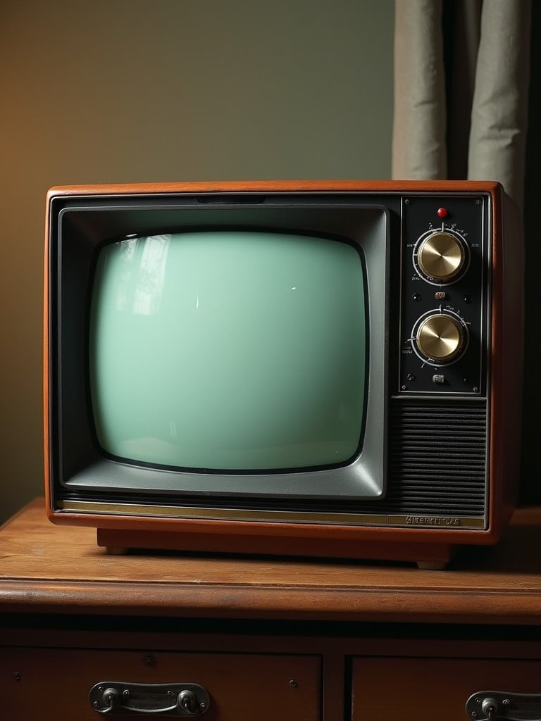 Vintage retro television set with knobs and an old-fashioned screen. The TV is placed on a wooden dresser. Soft light enhances the vintage feel.