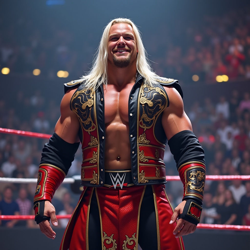 Smiling wrestler in vibrant outfit stands in the wrestling ring. Arena filled with fans. Charismatic pose with confident expression.