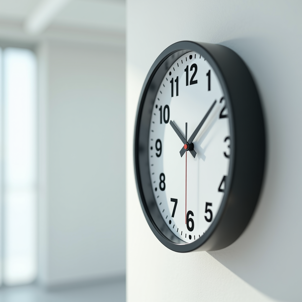 A modern wall clock with a sleek black frame hanging on a white wall in a bright, minimalistic room.