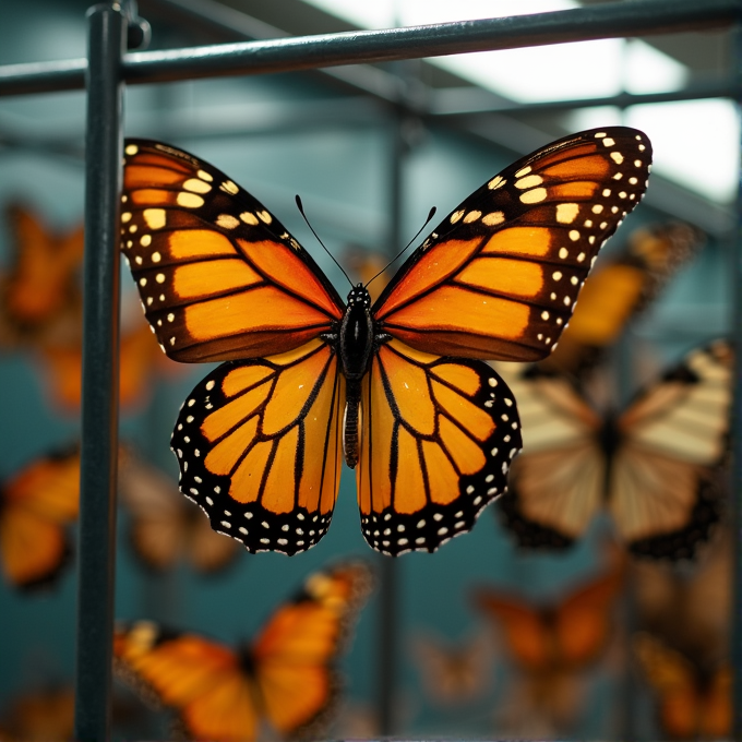 A close-up of a vibrant monarch butterfly with striking orange and black patterns in a butterfly exhibit.