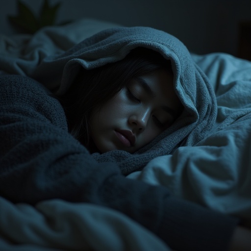 A person sleeping in a completely dark room covered with a blanket. A black lamb is watching her.