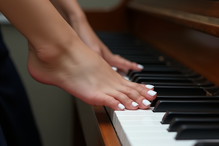 A woman's feet display white toenail polish above piano keys. The focus is on the elegant feet positioned beautifully over the piano. The image captures a side view showcasing the connection to the piano. Hands are not included.