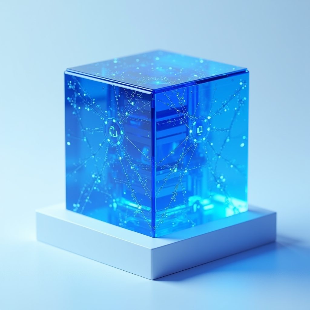 A luminous blue cube with intricate digital network patterns encased in a clear surface.