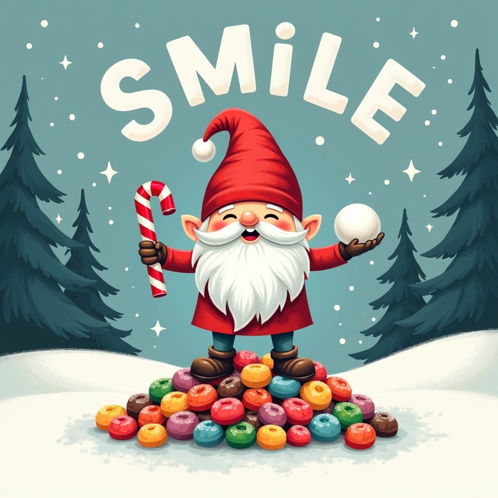 Illustration features a cheerful gnome on colorful candies. He holds a snowball and candy cane. Background has winter pine trees and stars. The word 'SMILE' is displayed above, enhancing the joyful theme. Ground is snowy, embodying playful holiday spirit.