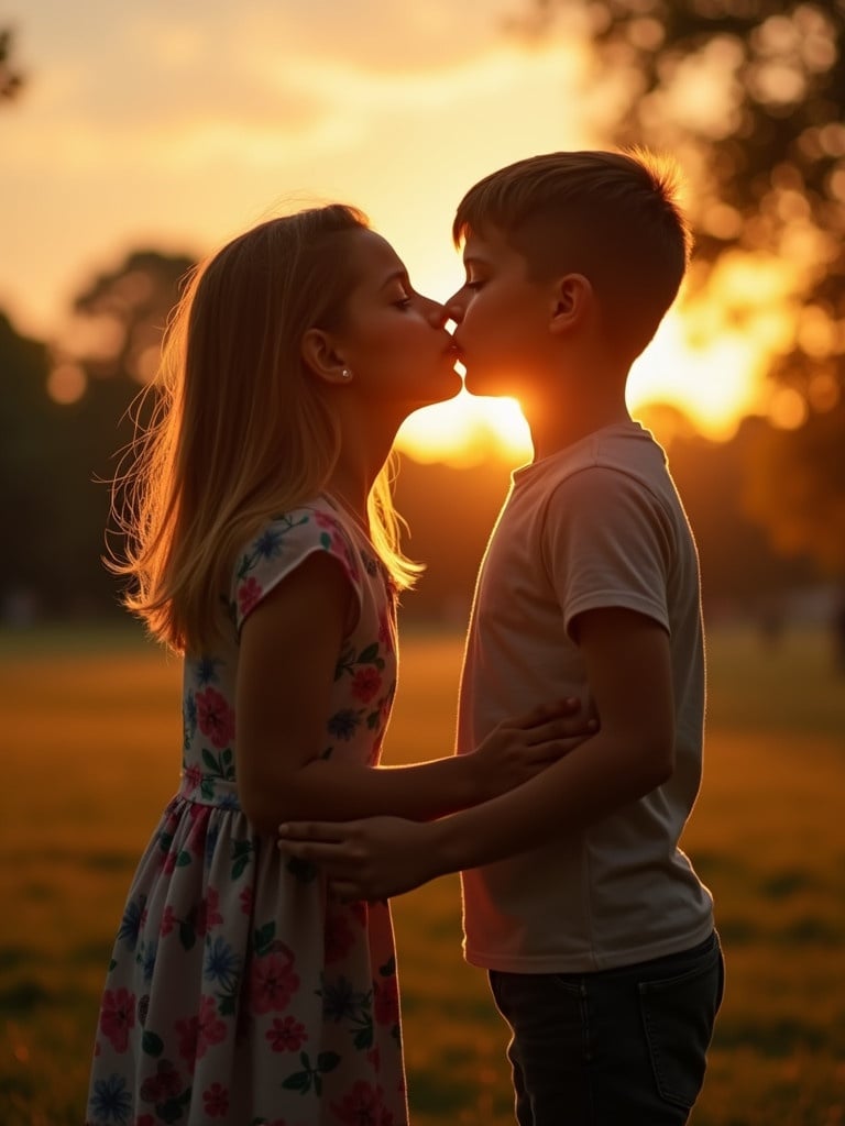 A boy and a girl are sharing a kiss in a park. They are surrounded by a warm sunset. The scene reflects a serene atmosphere. The grass is a gentle green. The light creates a beautiful warm glow around them.