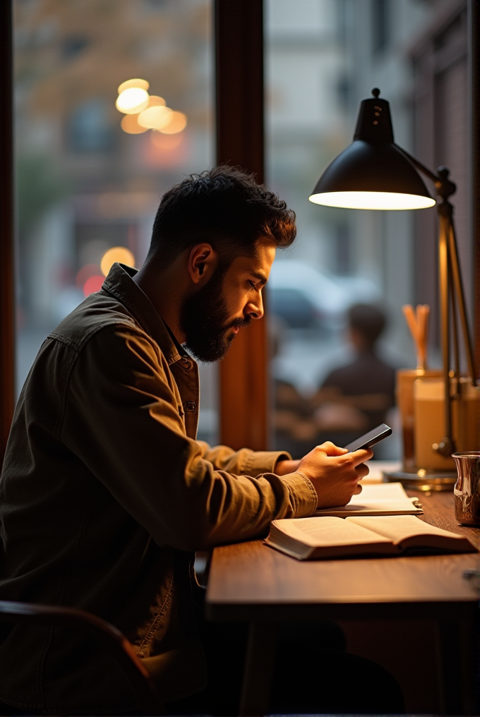 A person sits at a cozy café table, absorbed in their phone with an open book, illuminated by the warm glow of a lamp.