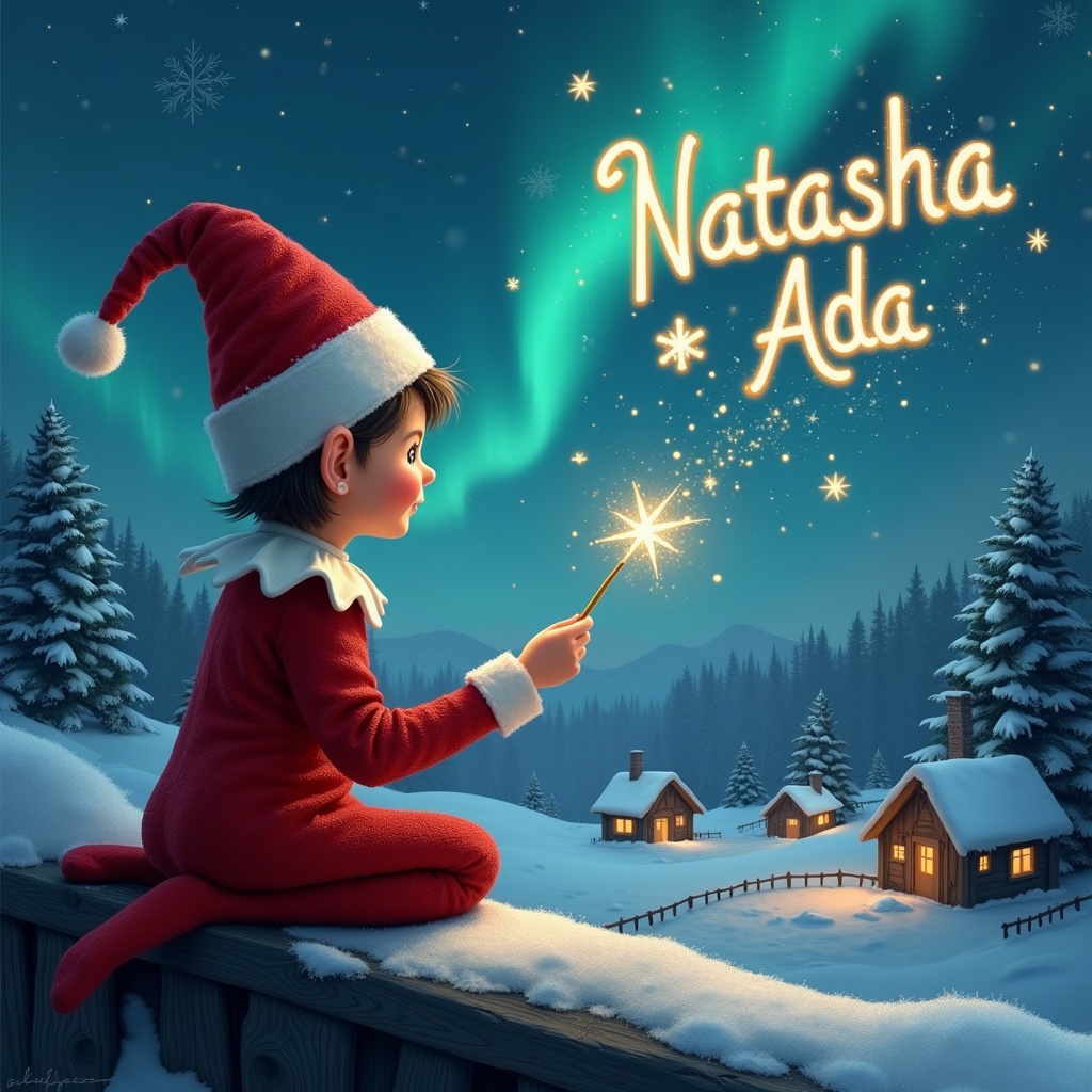 An elf sits on a wooden ledge with its back to the camera, gazing at a magical sky. The elf is dressed in a red outfit with a pointed hat and holds a sparkling wand. With the wand, the elf elegantly writes the names 'Natasha' and 'Ada' in the starry sky. The background features a snowy landscape with charming little houses and evergreen trees under the shimmering Northern Lights. This whimsical scene captures the essence of childhood magic and Christmas cheer.