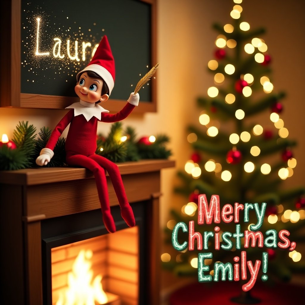 A cheerful Christmas card featuring a mischievous Elf on the Shelf on a wooden mantle. The elf is holding a golden quill, writing the name 'Laura' in stardust above a glowing fireplace. Behind the elf, a Christmas tree sparkles with fairy lights and ornaments. The words 'Merry Christmas, Emily!' appear at the bottom in playful lettering. Warm colors and festive elements throughout the scene.