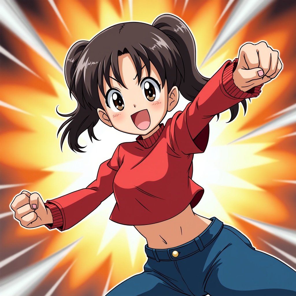 The image depicts a dynamic anime character in an action pose. She is wearing a red top and blue pants, showcasing a determined expression. The background features an explosion, evoking a sense of energy and excitement. Her hair is styled in pigtails, adding to her youthful appearance. The overall style is vibrant and cartoonish, typical of anime art. The character seems prepared for a fight, embodying strength and determination.