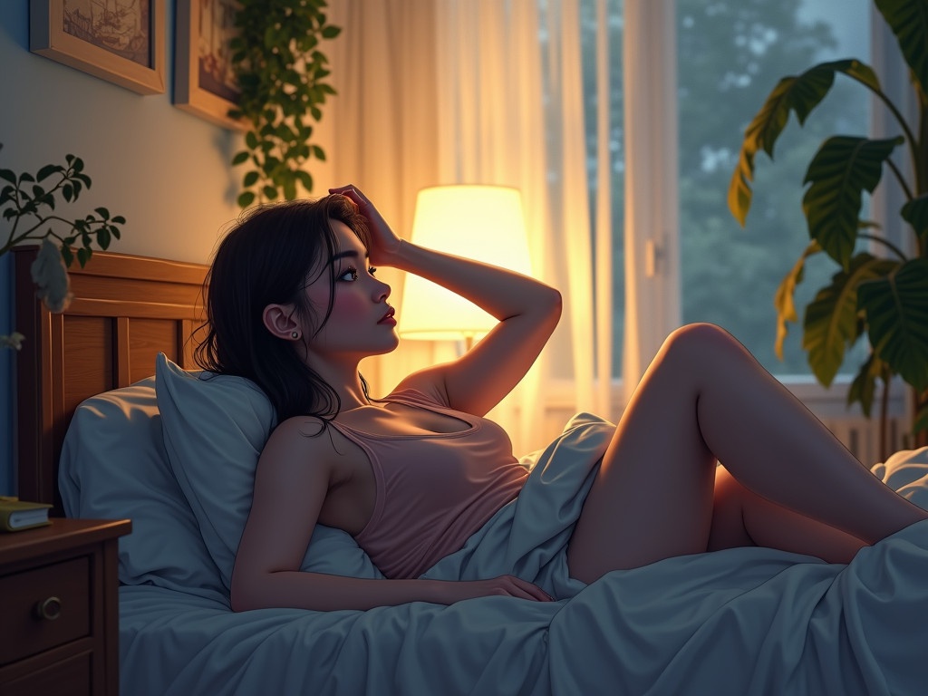 A young person lies on the bed in relaxed pose. Soft lighting from a lamp fills the room. The person is depicted in casual clothing. Cozy atmosphere is achieved with warm colors.