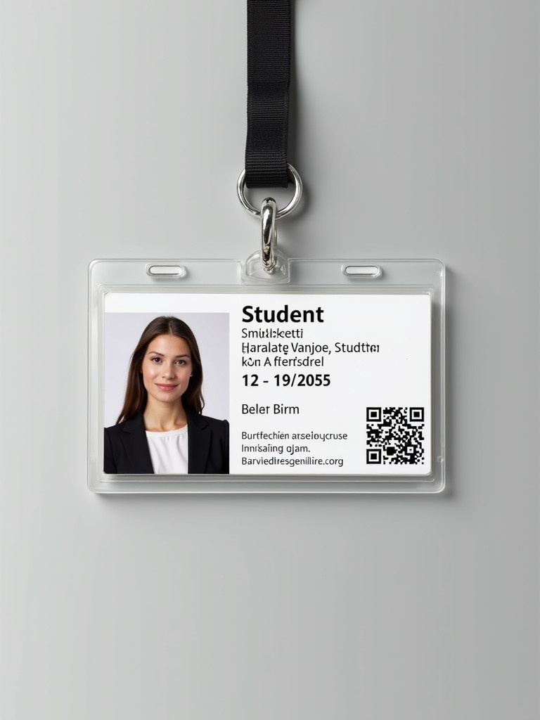 Image displays a student ID card from a German college. Card prominently white with bold text highlighting the word 'Student.' Includes a birth date of 12/19/2005 and features a QR code linking to personal data. Layout is professional typical of college ID cards conveying a serious and academic tone.