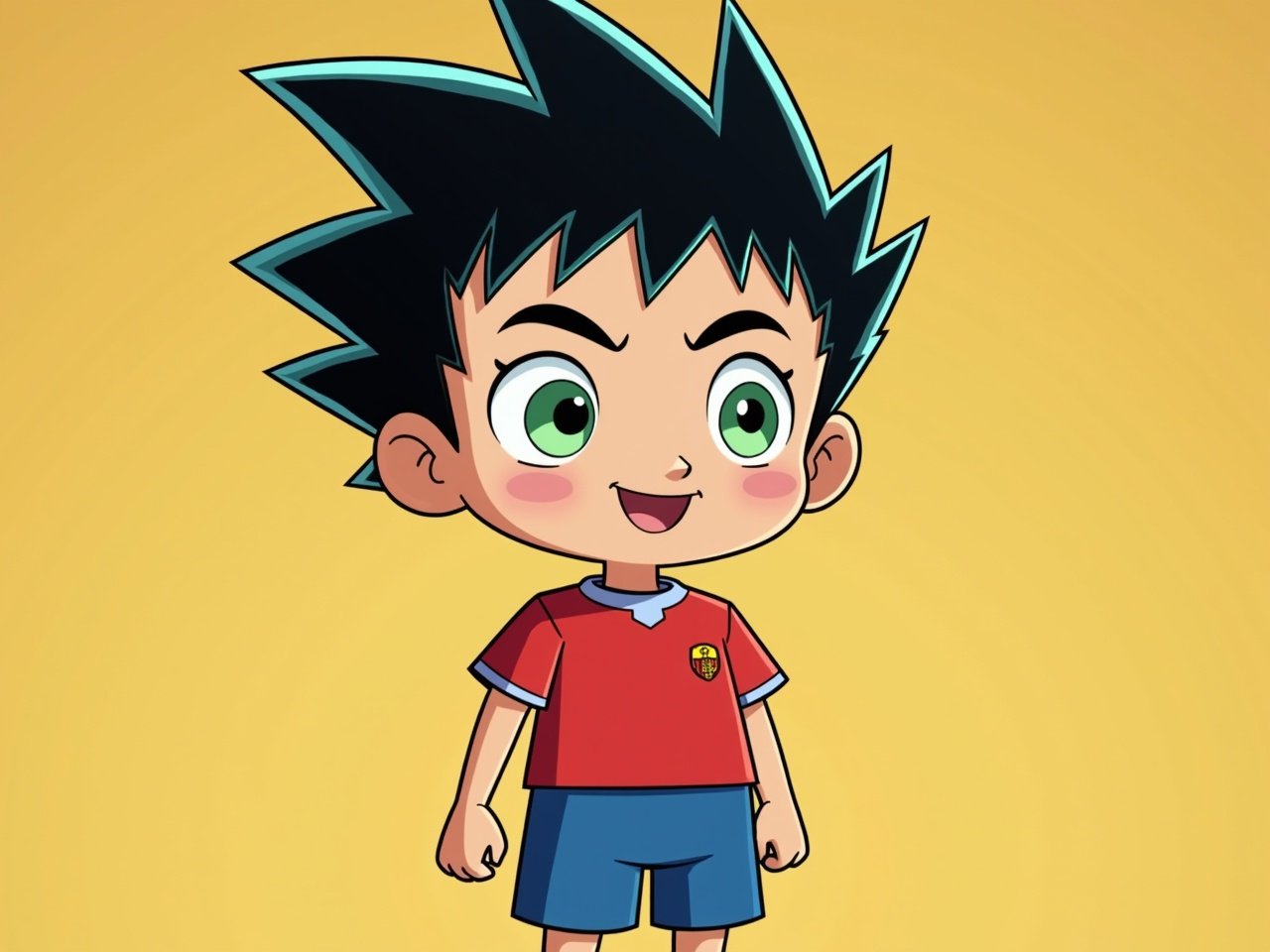 This image features a cheerful cartoon character designed for children's entertainment. He stands at 6'0" with spiky dark hair, highlighted by an electric blue streak, giving him a lively appearance. His bright green eyes add to his playful expression, which invites joy and excitement. Dressed in a vibrant red soccer uniform with a blue bottom, he embodies the spirit of youth and sportsmanship. The background is a warm yellow, accentuating his vibrant colors and energetic demeanor.