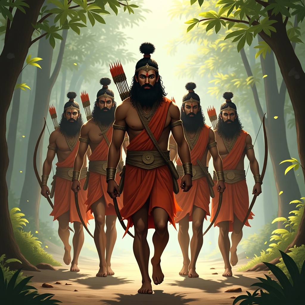 Five warriors from Hindu mythology walk through a forest. They wear traditional attire, carrying bows and arrows. Strong and determined expressions are visible on their faces.