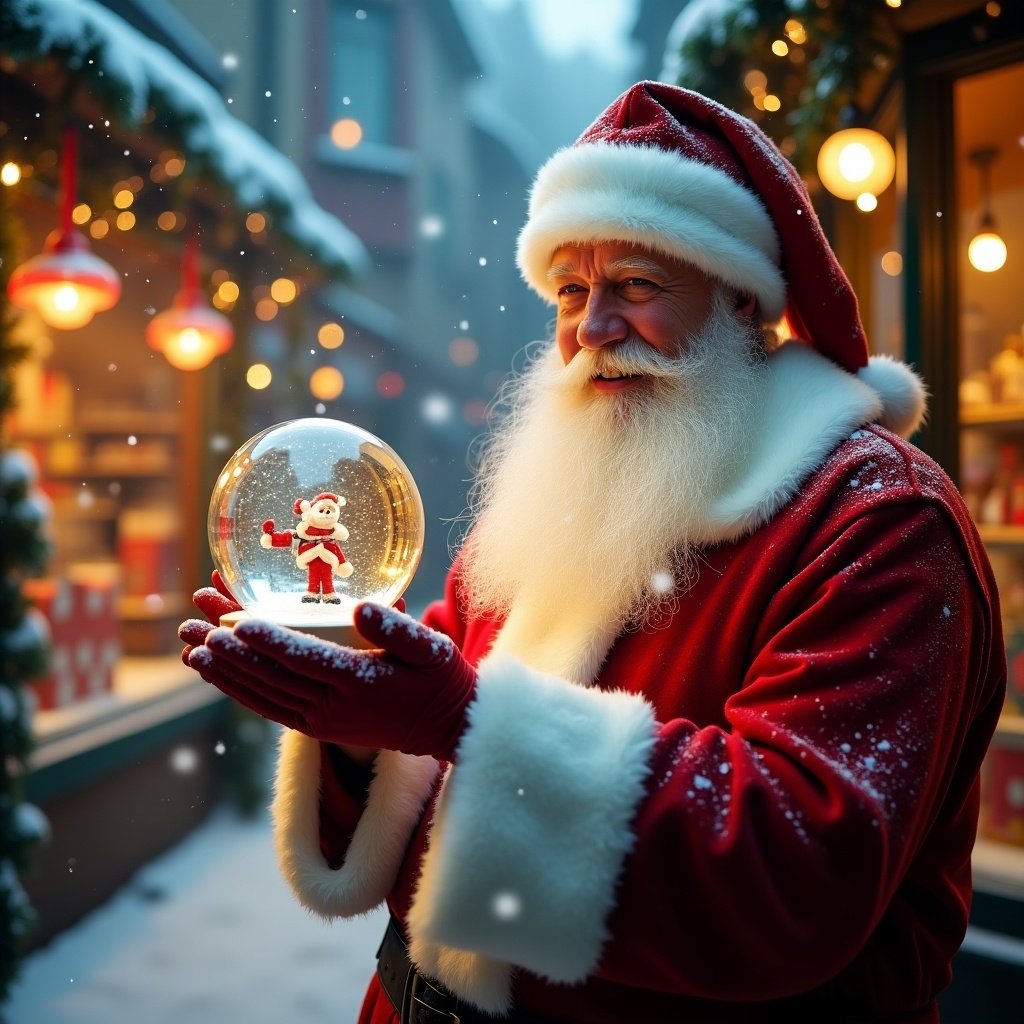 Christmas scene with Santa Claus wearing a red and white suit holding a snow globe in a snowy setting. Background features a toy shop adorned with festive decorations and glowing lights.