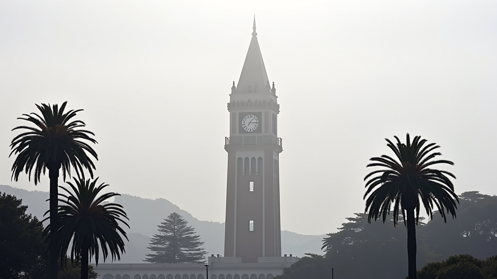 A clock tower emerges in a misty landscape, flanked by palm trees and set against distant, hazy hills under a bright sky.