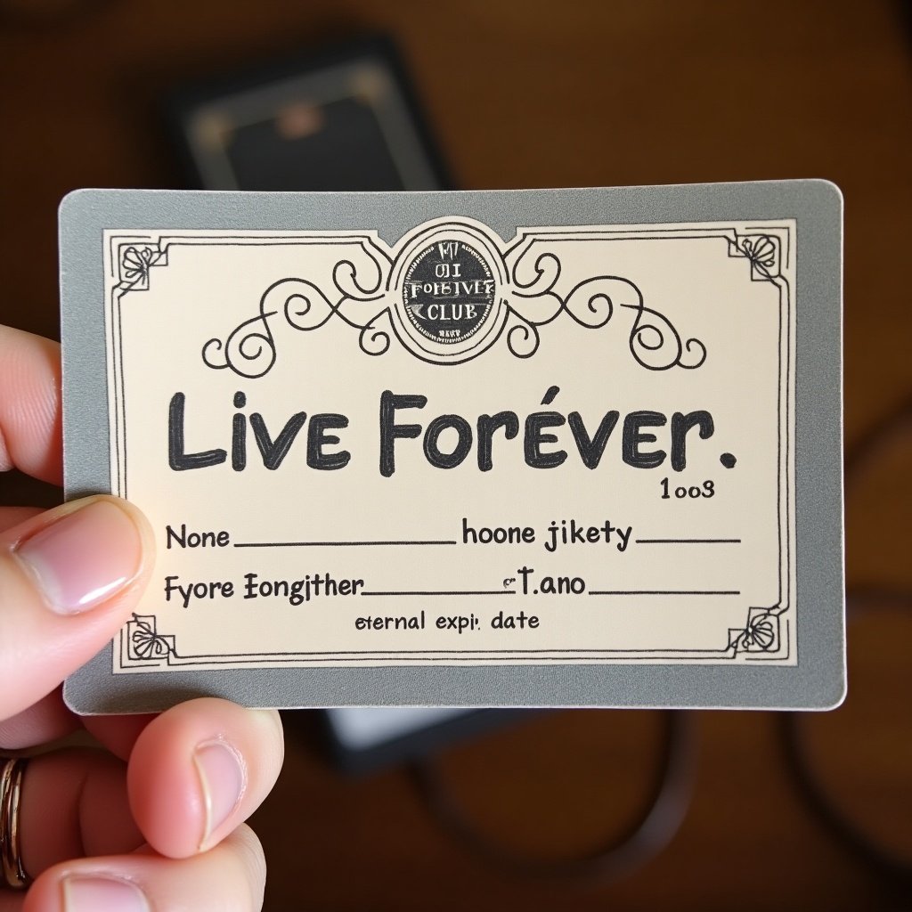 Membership card featuring the text Live Forever Club. The card includes a space for an eternal expiration date and the name fields. Illustrated in a stylish format.