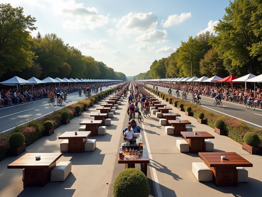 The image depicts a vibrant outdoor cycling event with athletes racing along a spacious route. Long rows of wooden tables are set up alongside the race, filled with spectators and participants enjoying food and drinks. Colorful tents provide shade to onlookers, creating a festive environment. The bright blue sky and lush trees add to the appealing atmosphere. Overall, it conveys a blend of sportsmanship and community engagement in a scenic setting.