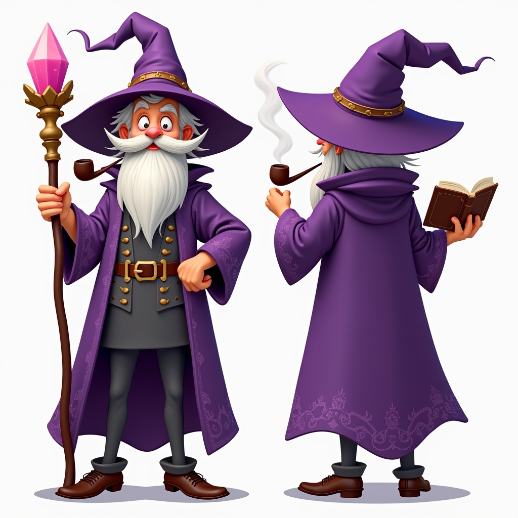 Create a detailed turnaround view of a whimsical wizard character. The wizard is wearing a vibrant purple cloak adorned with intricate designs. He holds a magical staff with a sparkling pink crystal and a classic open book in his other hand. A charming mustache adorns his face, while a smoking pipe rests gracefully in his mouth. The illustration should include front, side, and back views, showcasing the wizard's unique attire and accessories for an engaging presentation.