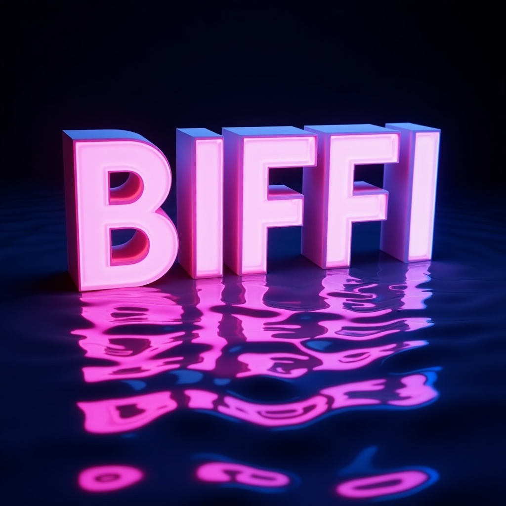 Digital artwork featuring word BIFFI in bold 3D letters. Colors are vibrant neon pink and blue. Letters float on smooth reflective water surface. Ripples enhance motion and energy. Dark background creates contrast and a striking look.