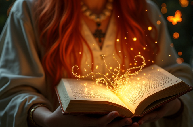 A person holding an open book with magical, glowing swirls emanating from the pages.