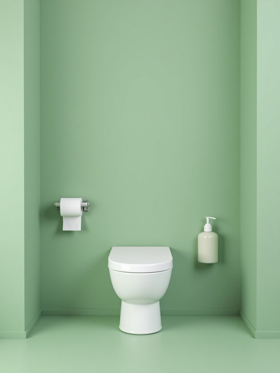 Simple bathroom setting features white toilet against sage green background. Walls and floor are green shades. Toilet paper roll and cleaning bottle are present on either side.