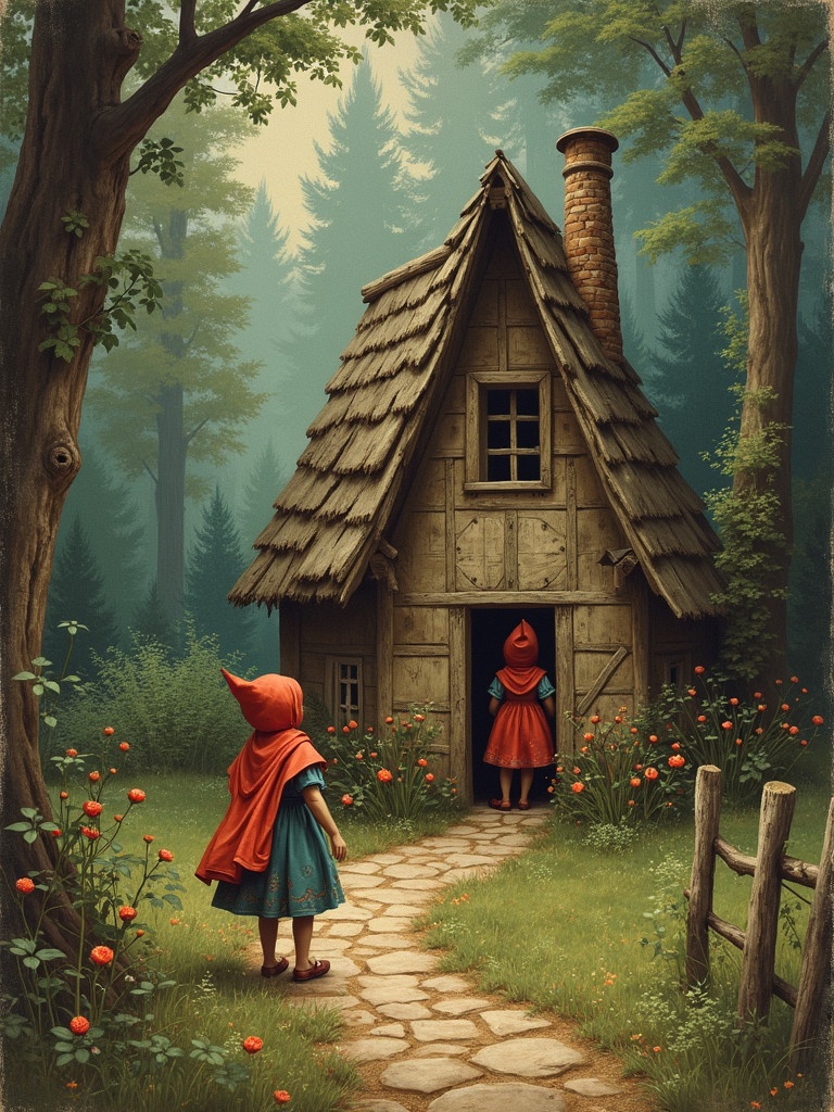 A fairy tale scene depicting Hansel and Gretel. A brother and sister in red cloaks stand outside a quaint hut. The hut appears to be made of candies. A lush green forest surrounds them.