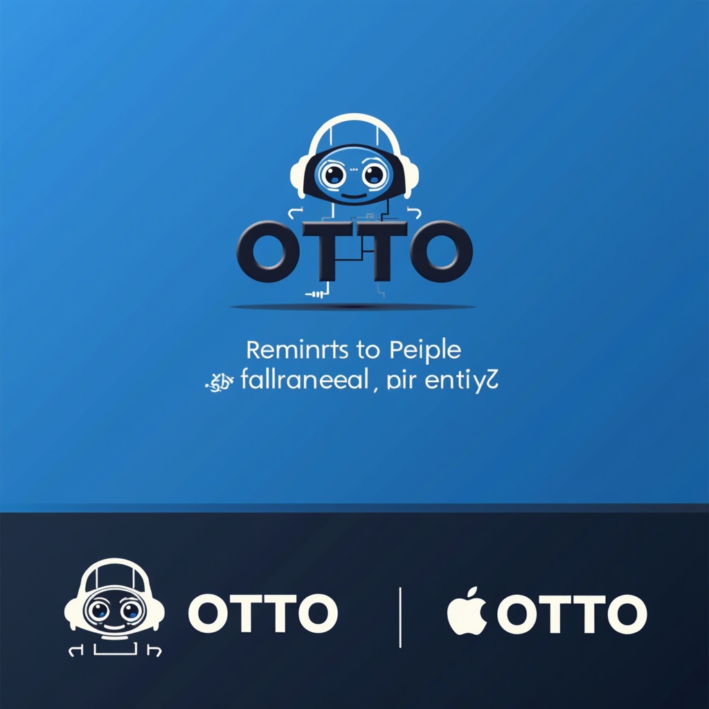 Logo design features the name 'OTTO'. A robot character is incorporated into the logo. The design uses blue and black colors for professionalism. Modern and clean style aims for timeless appeal. The logo symbolizes organization and user-friendly technology.