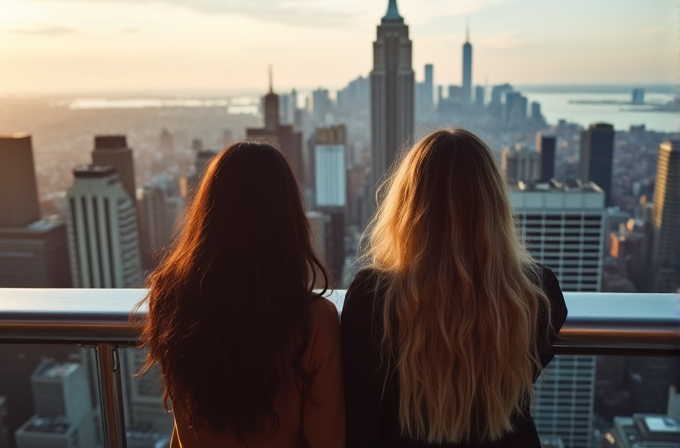 Two individuals with long hair overlook a city skyline at sunset from a high vantage point.