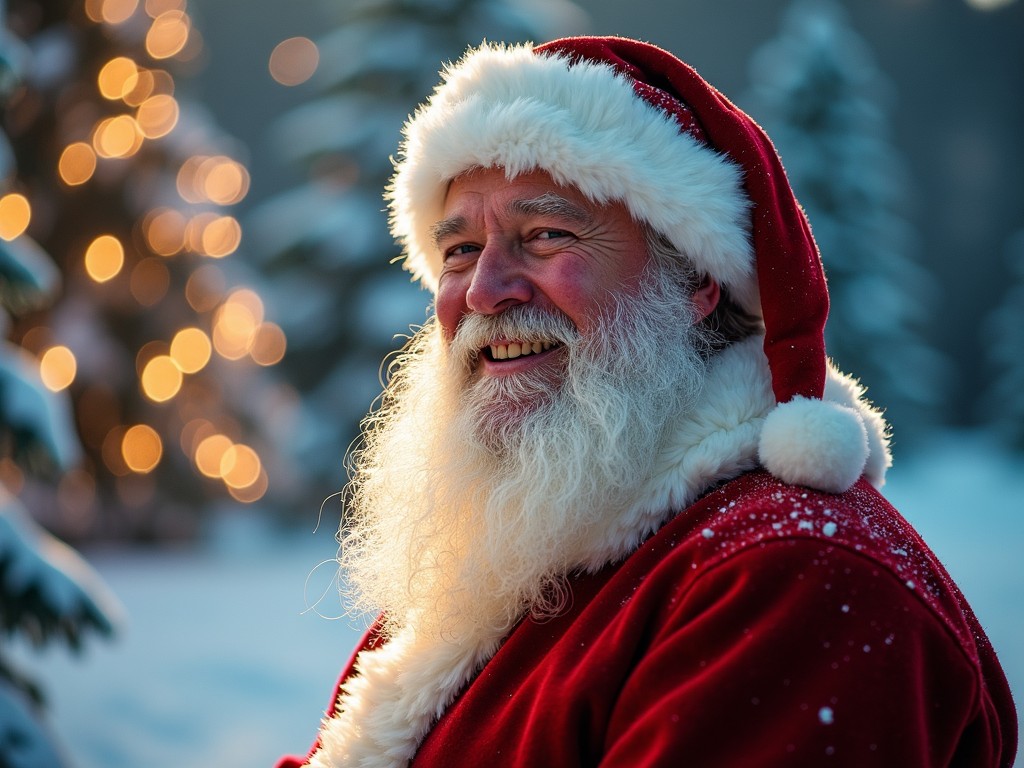 The image features a joyful Santa Claus with a big smile. He has a fluffy white beard and is wearing a traditional red suit with white trim. Snow can be seen on his shoulders, suggesting a cold winter day. In the background, there are blurred Christmas trees decorated with lights creating a warm atmosphere. The scene evokes feelings of joy and holiday spirit, perfect for capturing the essence of Christmas celebrations. The overall mood is cheerful and festive, inviting viewers to embrace the holiday season.