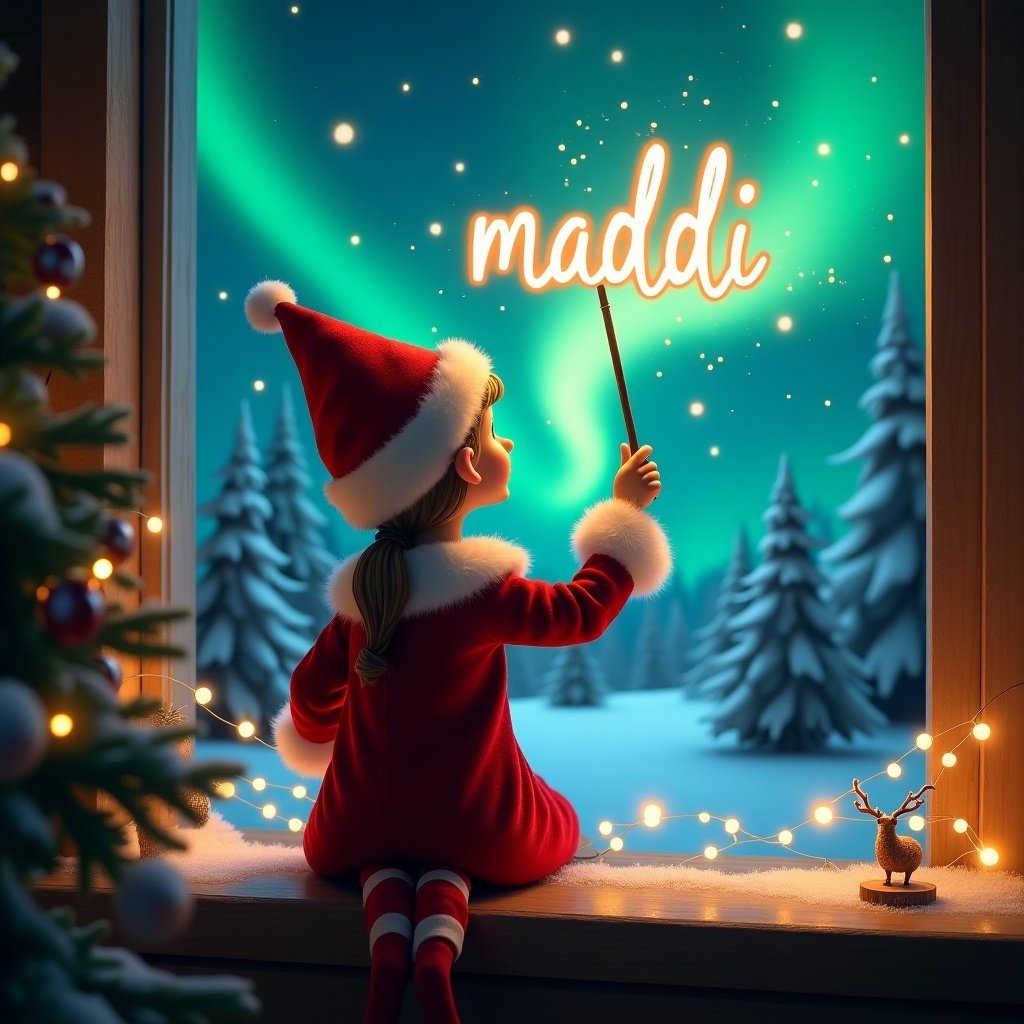 Enchanted Christmas scene features girl elf on the shelf facing sky. Elf girl in red and white wields magic wand writing 'maddi' in glowing script. Vibrant northern lights create magical backdrop. Festive and whimsical atmosphere captures holiday joy.