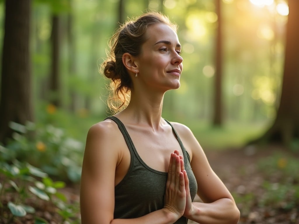 A woman stands peacefully in a forest, practicing mindfulness. She has her hands in a prayer position, embodying tranquility. The soft, golden light of sunset filters through the trees. Her expression shows calm and contentment. The scene evokes a sense of connection with nature. This image captures the essence of inner peace and wellness.