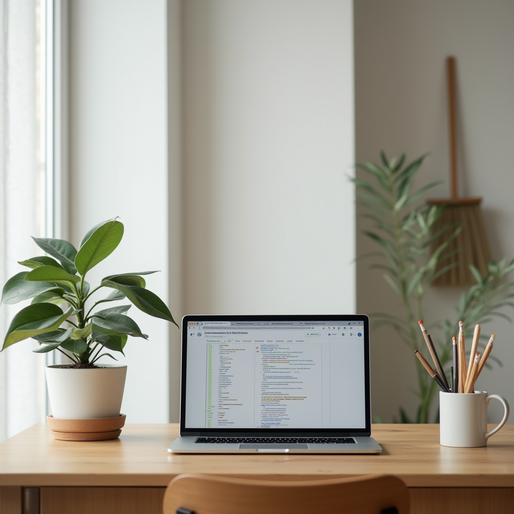 A minimalist home office setup with a laptop, plant, and pencils on a wooden desk.