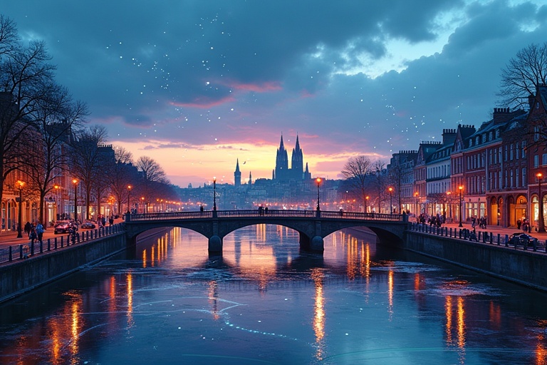 A beautiful twilight scene of Dublin city. The city features a river with a bridge. Illuminated buildings line the riverbank. The skyline shows historic churches with pointed spires. Streetlights create a warm glow. Soft particles floating in the air add charm.