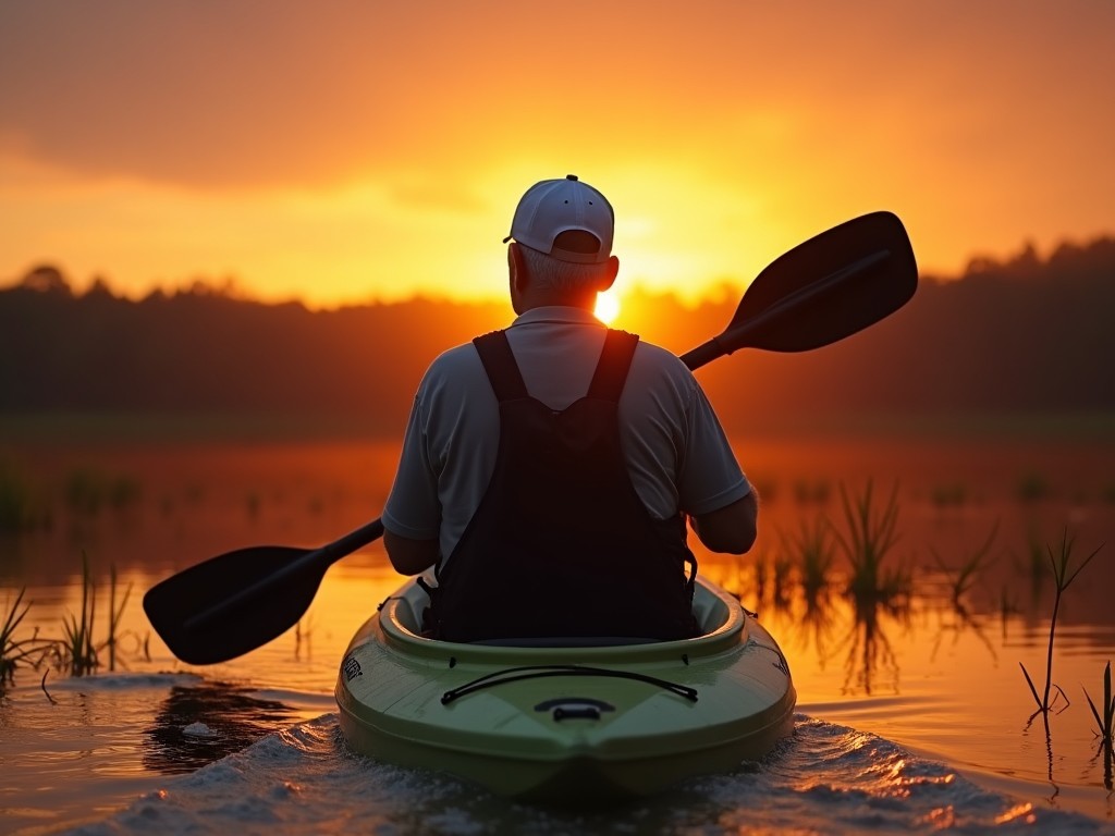 A man in a kayak, paddling towards the setting sun on a calm lake with reeds and lush forests in the background, creating a serene and peaceful scene.