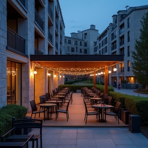 Open-air café at night located between apartment blocks with light gray stone facades. Café surrounded by wooden deck with light gray stone pillars. Dark chairs and tables arranged in the space. String lights provide warm ambient light. Scene is nocturnal with dark surroundings. Composition is slightly low-angle shot centered on covered patio. Subdued cool colors of grays blues and light pastels dominate lighting. Atmosphere is calm suggesting quiet afternoon. Perspective from ground level looks up at structure. Few people are visible inside café, enhancing quiet solitude.