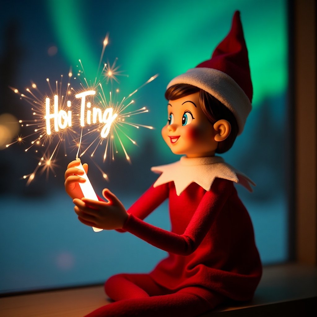 Image shows an elf on the shelf character in red and white attire. Elf holds a glow stick that lights up the name 'Hoi Ting'. Background features enchanting northern lights creating a warm festive atmosphere.