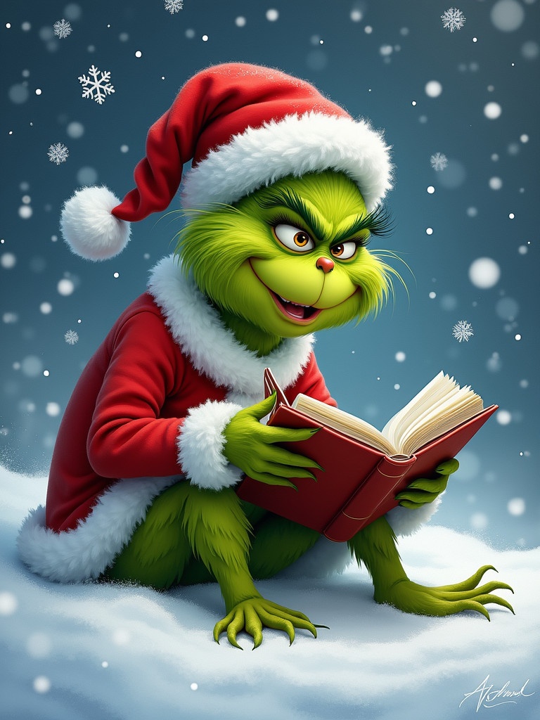 Grinch dressed in Santa sitting in snow reading a book. Snowflakes are falling creating a festive mood. Green fur in contrast with red Santa outfit. Snowy background enhances the holiday theme.