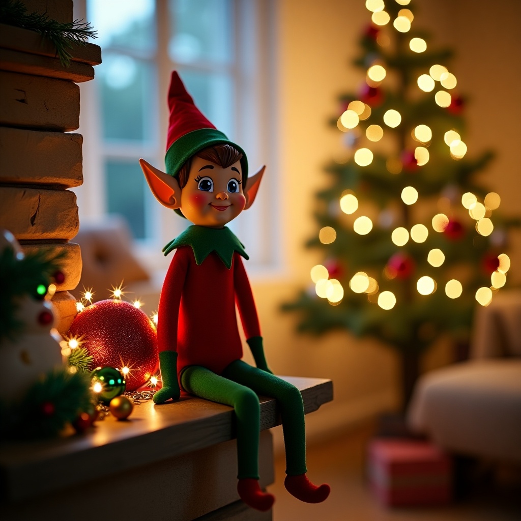 Elf doll sitting on a ledge near a Christmas tree with lights in a cozy room. Bright decorations capture a festive atmosphere.