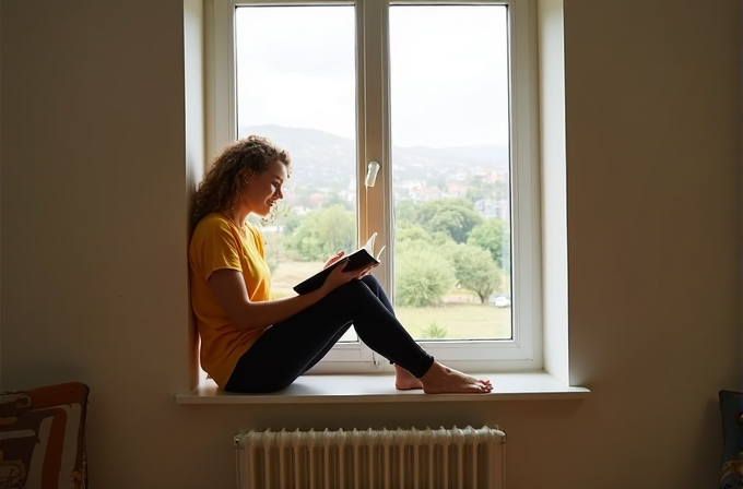 A person sitting on a window sill, reading a book with a scenic view outside.