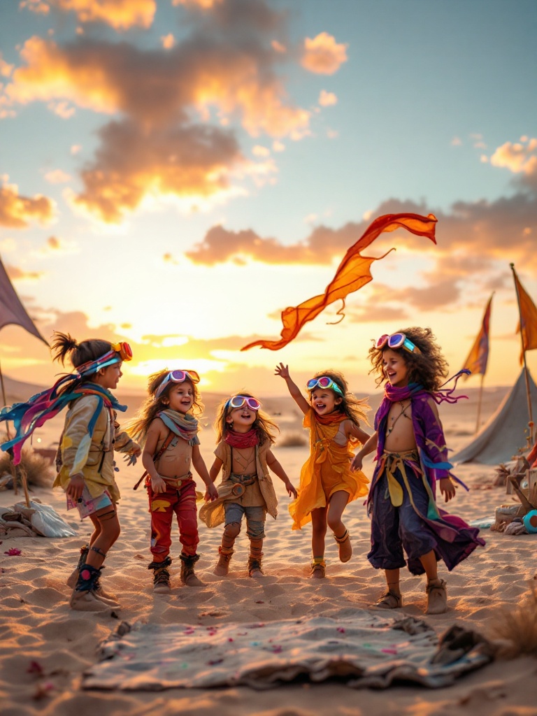 Five adventurous kids at a lively party in a vibrant desert. Warm golden sands stretch into the distance. Vast sky with sunset hues of pink, orange, and purple. Diverse group dressed in colorful costumes. Playful headbands, light-up goggles, flowing scarves. Fanciful art installations scattered. Handmade wooden structure with streamers and fairy lights. Makeshift dance floor bustling with excitement. Large fabric flags flutter in the breeze. Atmosphere of wonder and celebration.