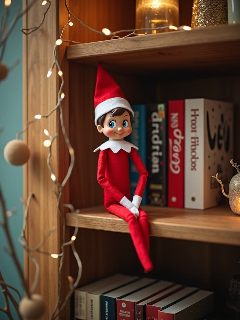 Elf on a shelf in a cozy setting. The elf sitting on a wooden shelf among books and decorative items. Warm lights adorn the shelf creating a festive atmosphere.