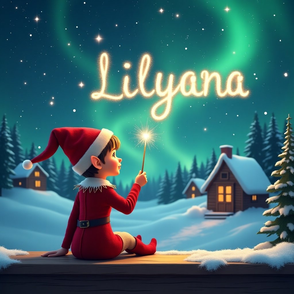 An elf sits on a wooden ledge with its back to the camera, gazing at a magical sky. The elf, dressed in a red outfit with a pointed hat, holds a sparkling wand. With the wand, the elf elegantly writes the names 'Lilyana' in the starry sky. The background features a snowy landscape with charming little houses and evergreen trees under the shimmering Northern Lights. This whimsical scene captures the essence of childhood magic and Christmas cheer.