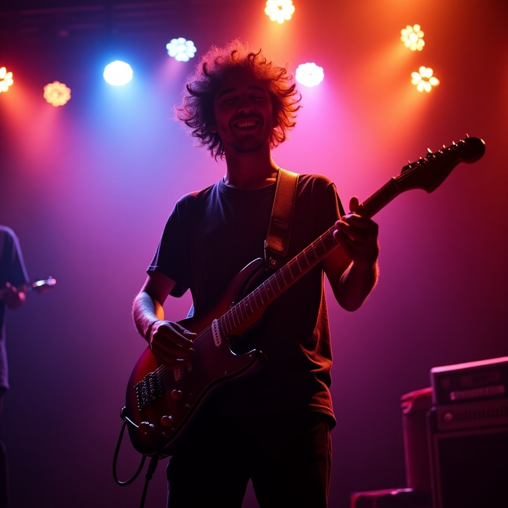 A young musician passionately playing guitar under vibrant stage lights.