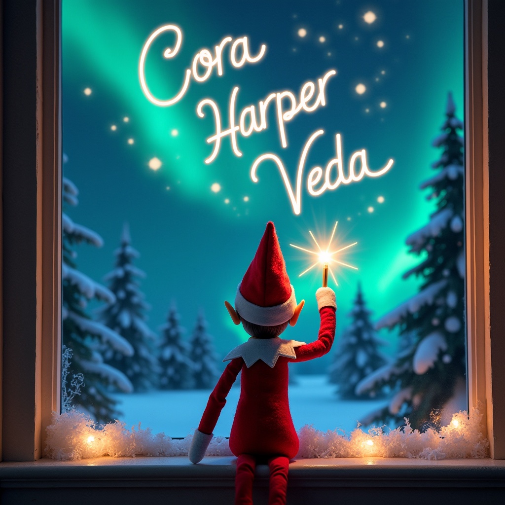 An enchanting Christmas scene featuring an elf on the shelf, facing the sky with his back to the viewer. The elf wears a red and white outfit and holds a magic wand. He is writing the names 'Cora', 'Harper', and 'Veda' in a glowing script above him. In the background, vibrant northern lights illuminate the sky, creating a magical ambiance. Snow-covered trees frame the view, enhancing the festive spirit of the scene. The elf's action evokes feelings of wonder and excitement, perfectly capturing the joy of the holiday season.