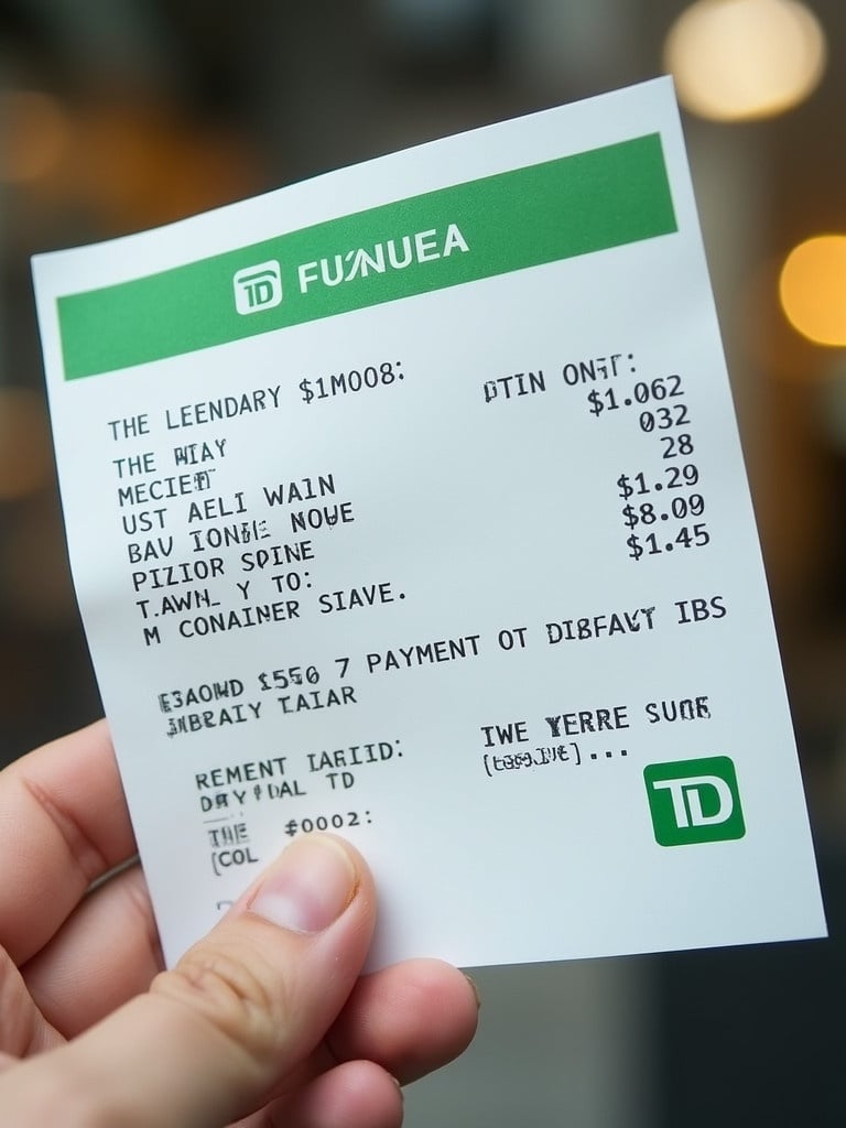 Close-up of a Canada TD bank payment receipt. The receipt displays a transaction amount of $100,008. The receipt contains various details such as transaction date and time, and references to services. Soft lighting highlights the text on the receipt.