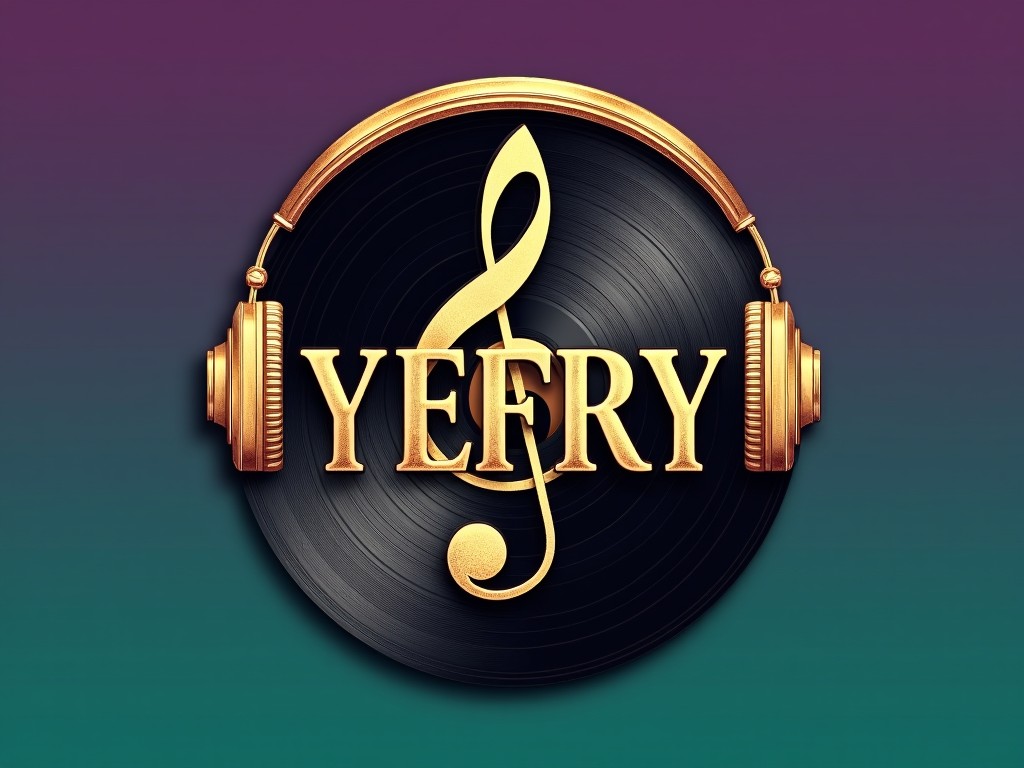 a gold logo with musical elements, including a treble clef, vinyl record, and headphones, featuring the text 'YEFRY' on a purple to teal gradient background